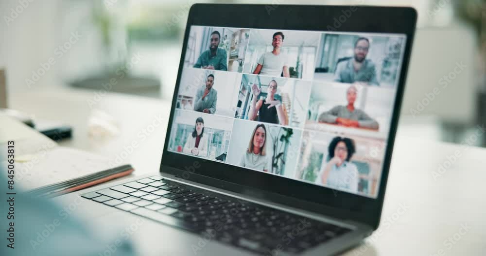 Poster connection, computer screen and person for virtual meeting with talking, collaboration and planning 