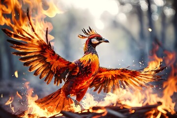 Fototapeta premium Phoenix bird risen from the ashes, fire bird. Burning bird.
