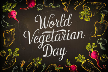 World Vegetarian Day Chalkboard Art with Colorful Vegetable Doodles in Chalk-Style Font