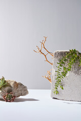 Creative photo with light gray background, brightened by sunshine. Two rocks in different sizes are decorated on both sides of white table top, vacant space in the middle for product displaying