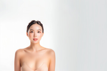 Fototapeta premium Beautiful young asian woman with clean fresh skin on white background, Face care, Facial treatment, Cosmetology, beauty and spa, Asian women portrait.