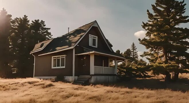 front view of house and single pine tree in slow motion