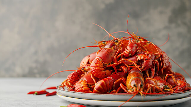 Cancer. Red boiled crayfish on a light background, close-up. Lobster close-up with beer. Image for cafe menu, Banner