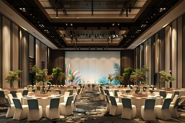 A large banquet hall with tables and chairs set up for a large event