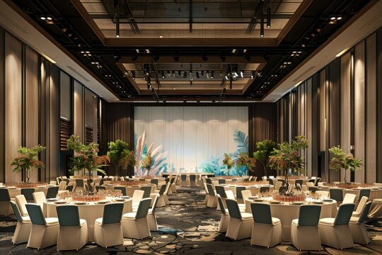 A large banquet hall with tables and chairs set up for a large event