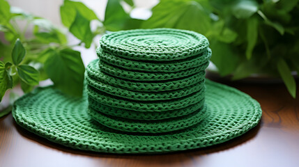 A stack of green crocheted Mats neatly arranged on a table.