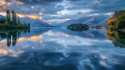 Naklejka premium As the sun begins to set, the captivating light reflections on the water of Lake Wanaka during twilight create a mesmerizing spectacle.