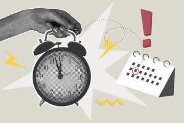 Trendy halftone collage. A hand holds a ringing alarm clock. Reminder on calendar. Vector business concepts for graphic and web design, marketing and print materials, social media. Vector illustration
