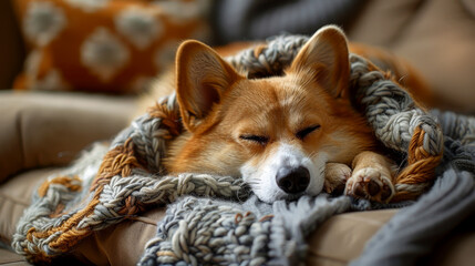 dog sleeping on cozy warm blanket .