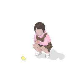 しゃがんでひよこを見ている3歳くらいの女の子（背景透過） © koinegau