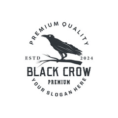 Black crow logo silhouette design with simple retro vintage black concept template illustration