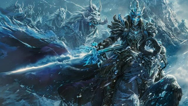 Frozen Demon Emperor with blue fire eyes in an ice warrior outfit, holding an ice sword, sitting on an ice ghost horse. with an army of demon horses behind them
