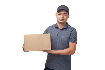 Delivery man holding cardboard box and paper packaging. Delivery concept. Delivery boy concept.