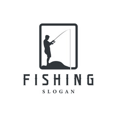 Angler Fishing Logo, Simple Outdoor Fishing Man Silhouette Template Design