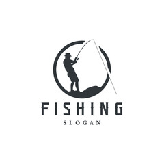 Angler Fishing Logo, Simple Outdoor Fishing Man Silhouette Template Design