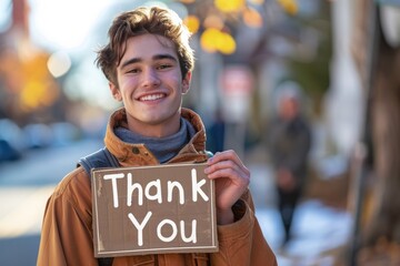 Smiling young man holding a cardboard sign with Thank you words