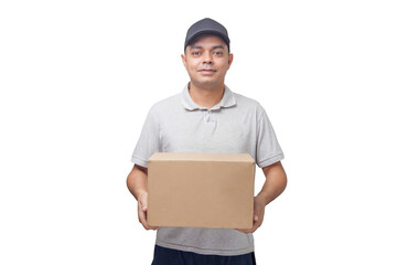 Delivery man holding cardboard box and paper packaging. Delivery concept. Delivery boy concept.