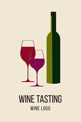 Wine Bar Logo Template. Wine bottle and two glasses.