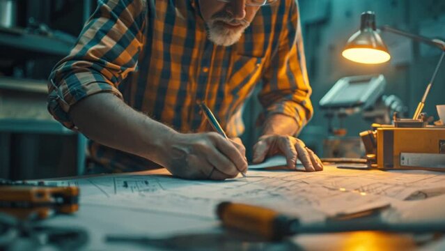 Engineer working drawing on the blueprint, meeting for project working with a partner on model building and engineering tools in working office
