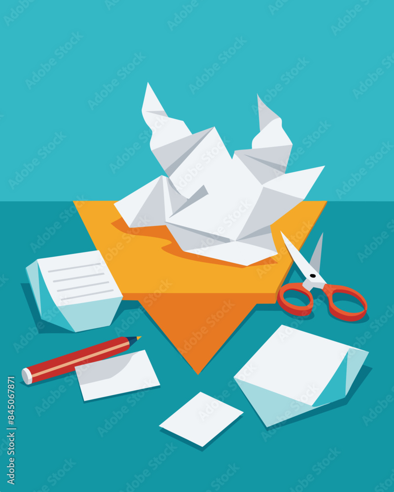 Poster angrily scrunchedup papers lay on a desk with a pair of scissors lying on top as a symbol of someone