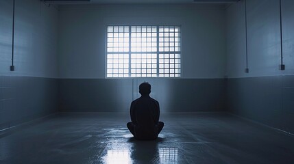 Back view of a person sitting alone in a bare isolation room, evoking mental health care challenges
