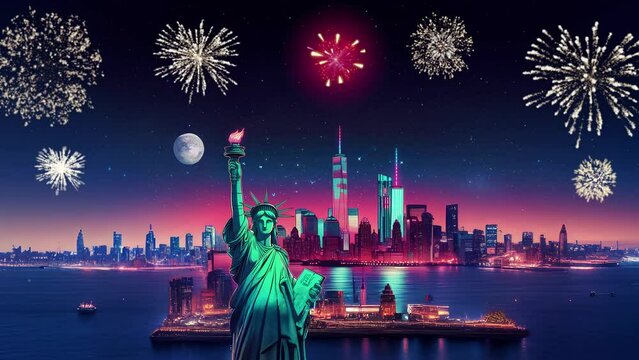 New York City skyline with the Statue of Liberty, neon lights and firework, 4th July. Seamless looping 4k video animation background