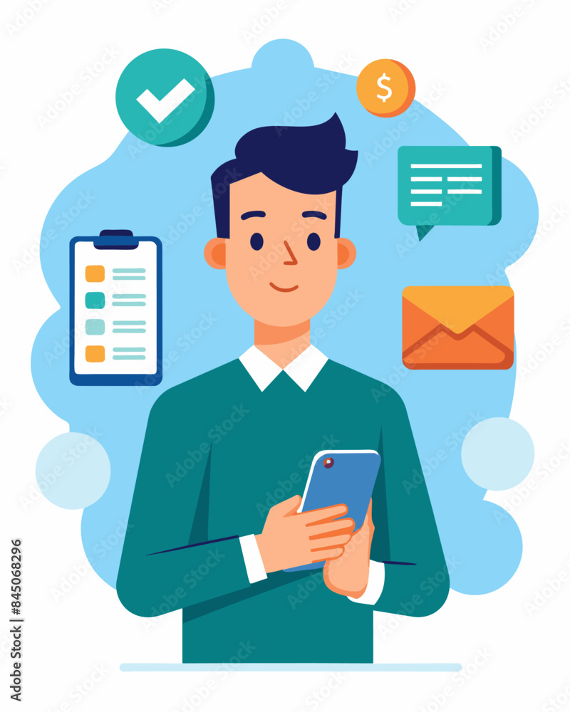 Aufkleber on his phone a man sets a weekly budget for himself relying on digital payment notifications and rem