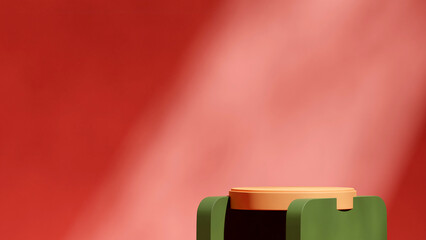 yellow cylinder podium in landscape bright red wall background, 3d rendering blank space
