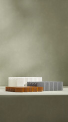 in portrait rough green material wall, 3d rendering scene mockup wood and concrete textured podium
