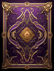 A game card design in a fantasy style, with golden ornaments and a purple background