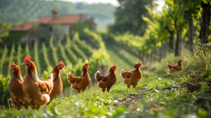Picturesque Italian Farmstead with Free-Roaming Poultry and Verdant Vineyard Landscape