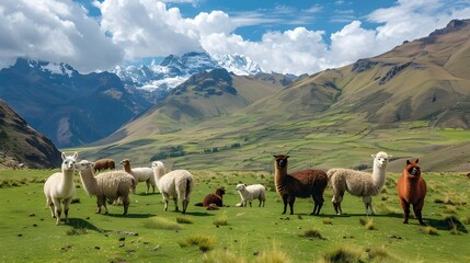 Fototapeta premium A Peruvian Farm with Llamas and Alpacas Grazing in the Scenic Andes Mountains