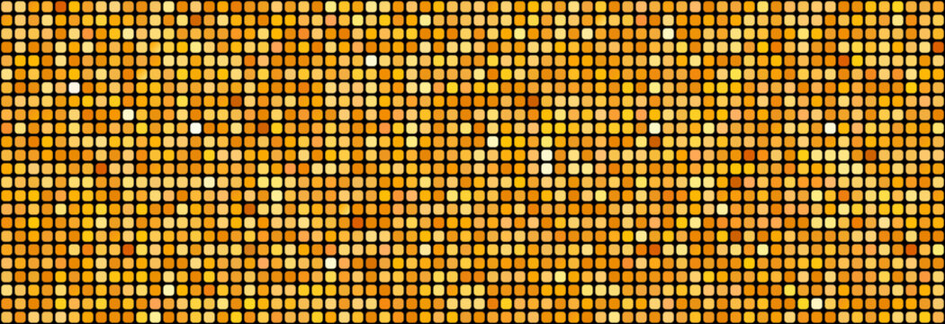 Golden disco party seamless pattern. Yellow round sequin mosaic texture background. Abstract shining gold halftone wallpaper. Pop up comic glitter sparkles backdrop. Retro vector design template