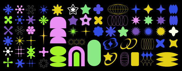Set of basic brutal forms and figures in Y2K aesthetics for vintage stickers, logos, labels. Decorative vector elements.