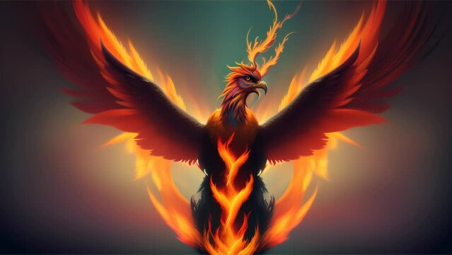 Abstract phoenix arising with vibrant flames and intricate details. Mythological art concept