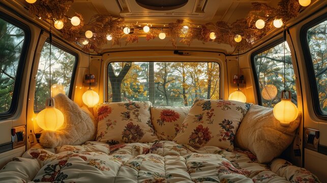 A van with a bed and pillows and a lighted canopy