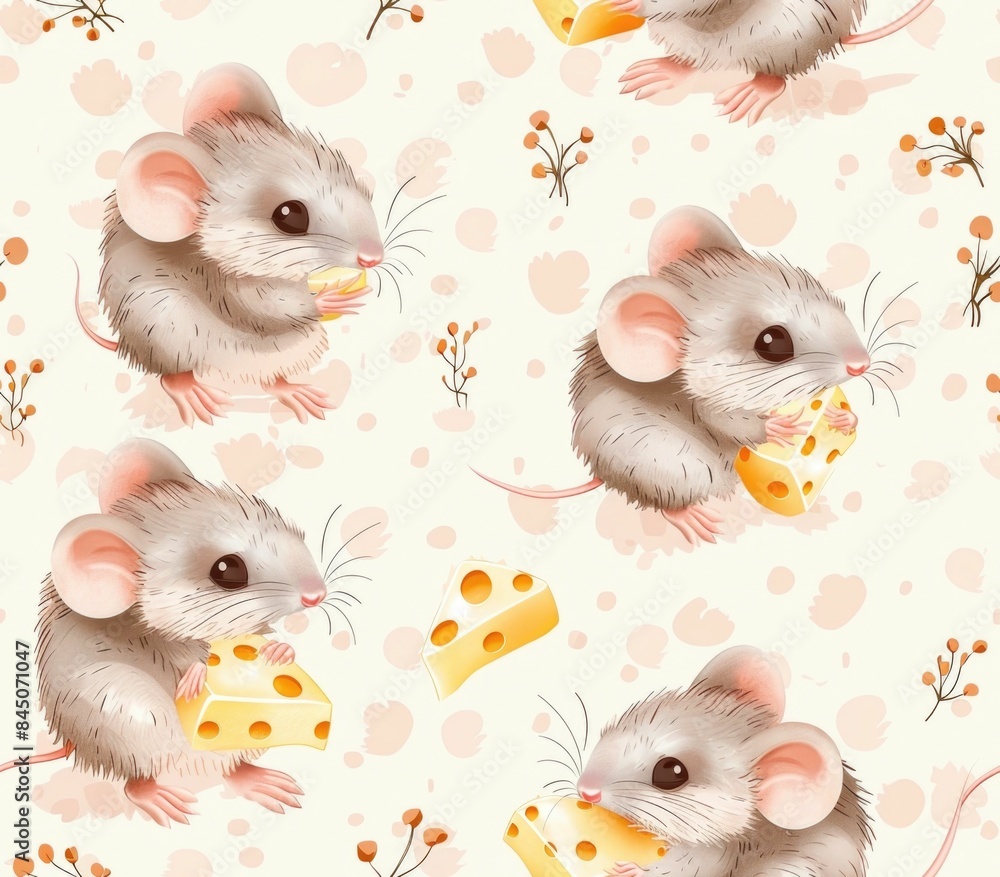 Poster adorable mice nibbling on cheese pieces with tiny footprints in a seamless pastel colored pattern cr