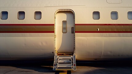 A photo of boeing airplane seal door wide shot. copy space for text.