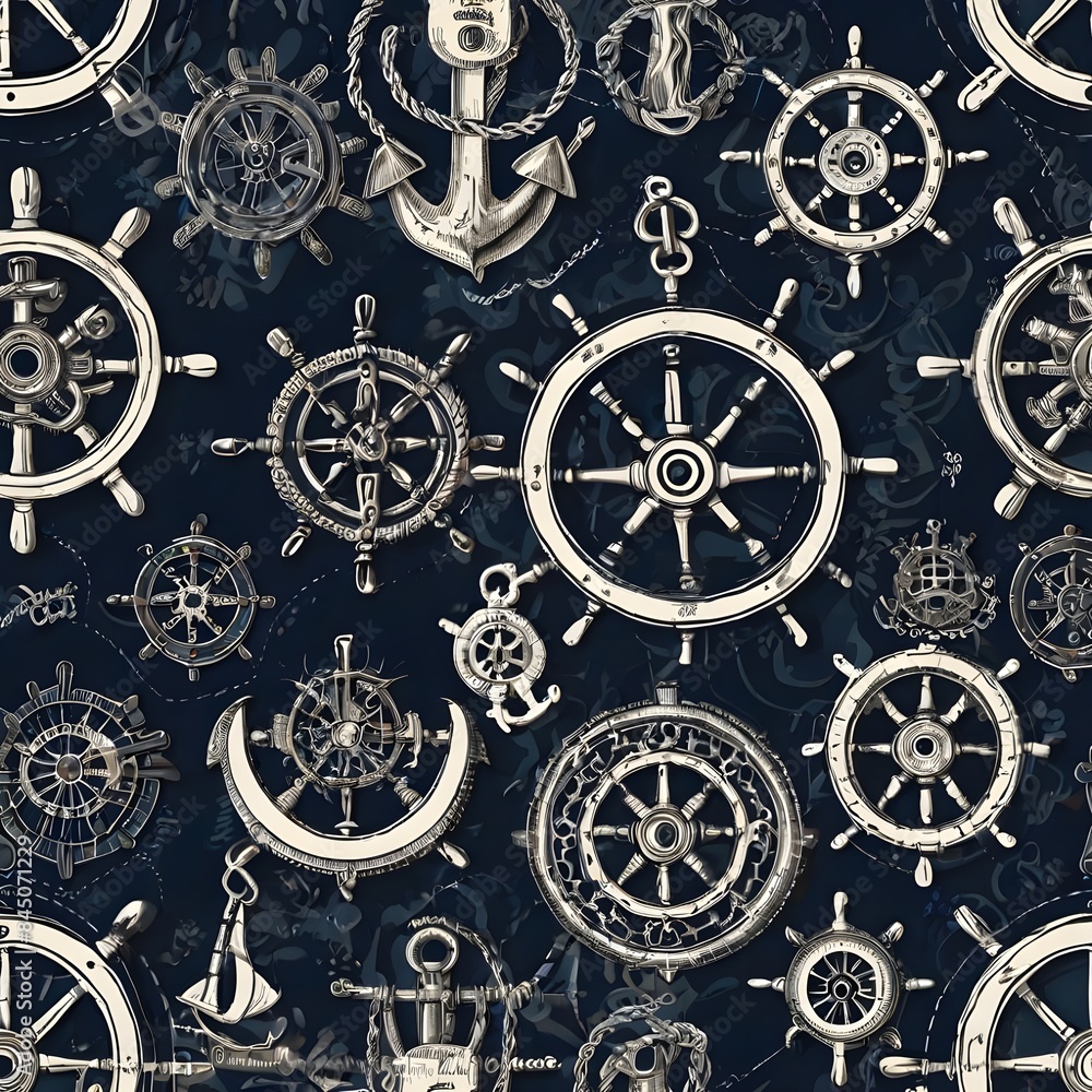 Aufkleber nautical seamless pattern with ship wheels and anchors generative ai