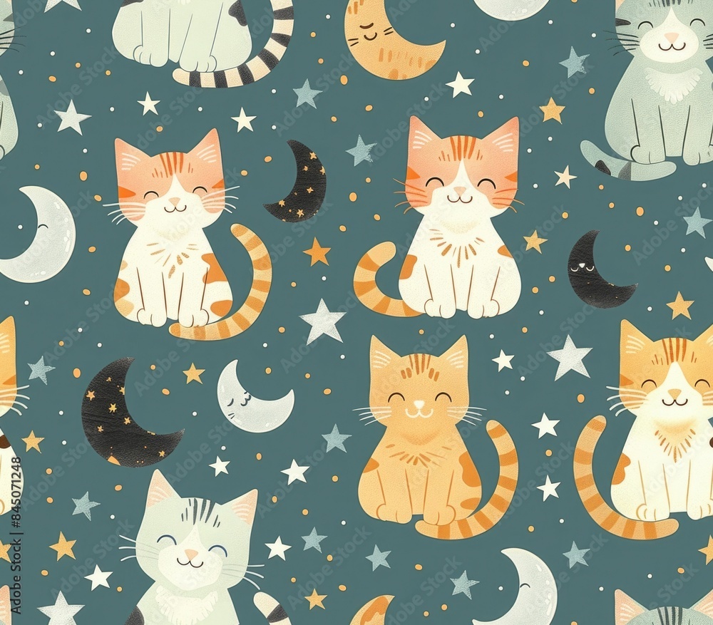 Poster this charming and whimsical seamless pattern features a delightful array of playful kittens set agai