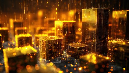 Illuminate the path to success with a radiant 3D bar graph, textured with golden hues and illuminated from within, symbolizing achievement and prosperity.