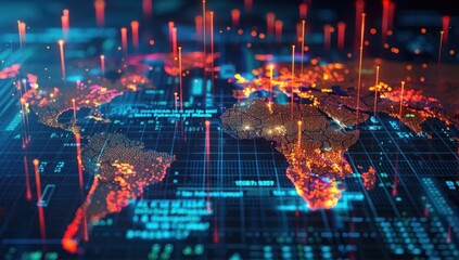 Illustrate the interconnectedness of global economies with a multi-layered 3D bar graph, textured with overlapping maps and lit to showcase interdependence and collaboration.