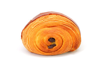 Chocolate and raisin croissant, french dessert isolated on white background