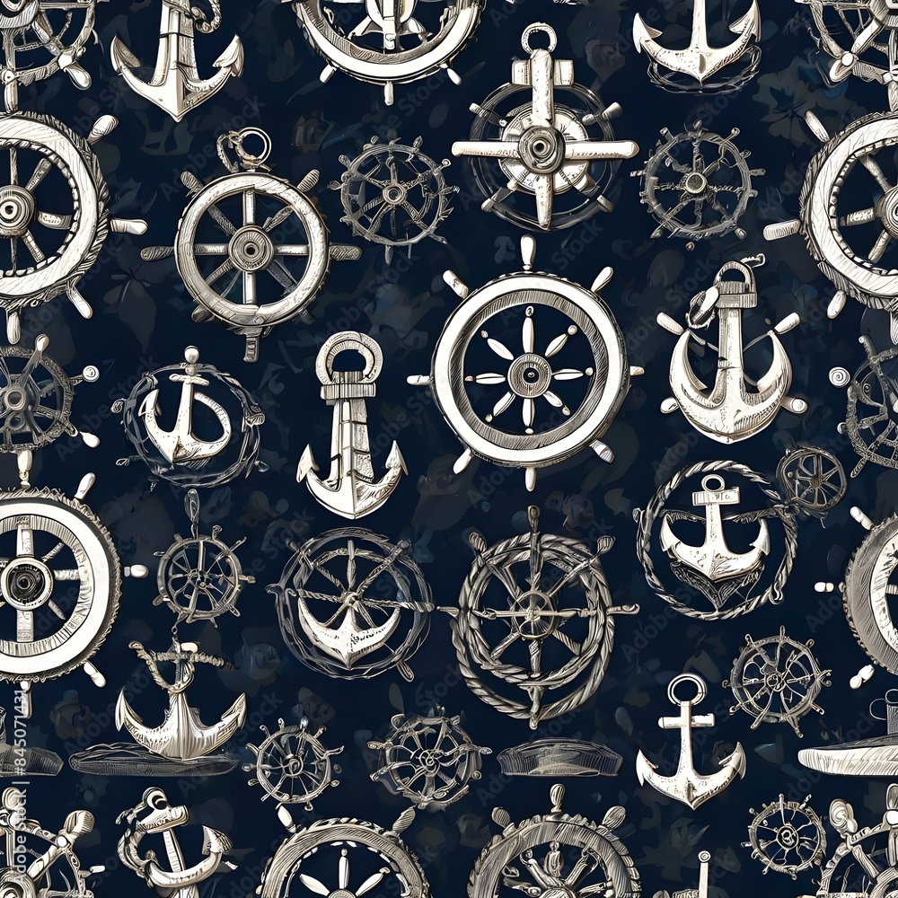 Poster nautical seamless pattern with ship wheels and anchors generative ai