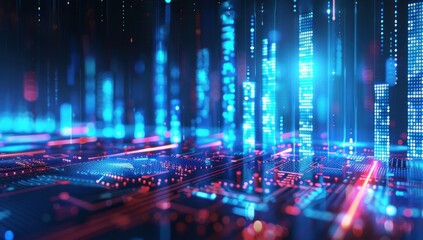 Showcase the evolution of technology with a futuristic 3D bar graph, textured with circuit board patterns, emphasizing innovation and advancement.