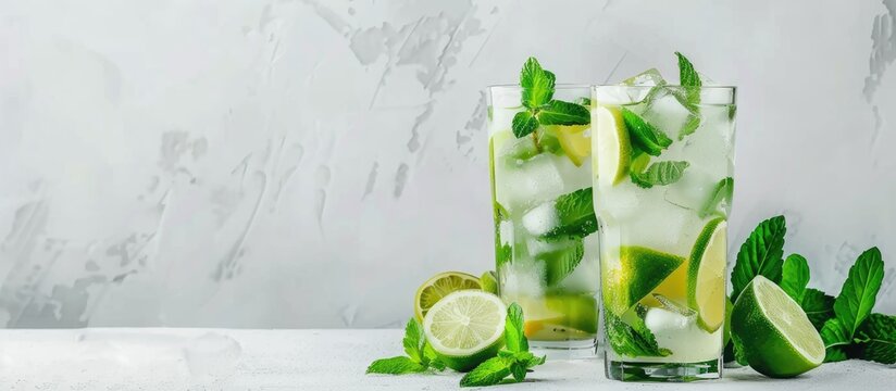Refreshing Mojito Cocktail with Rum, Spearmint, Lime, and Soda served in Highball Glasses on a White Concrete Table.