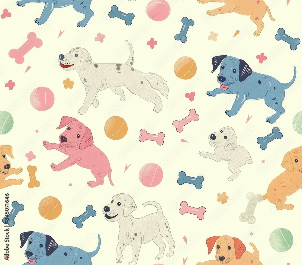 Poster seamless pattern featuring a delightful collection of playful puppies in various breeds happily inte