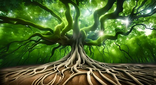 A large tree with abstract intricate roots and stretching out with green leaves