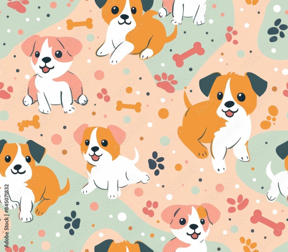 Poster seamless background pattern featuring adorable puppies with bones and paw prints in soothing pastel 