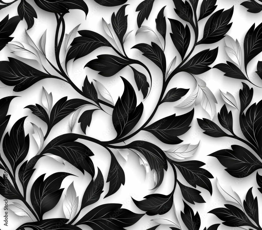 Poster Seamless elegant floral pattern with flowing intertwining botanical leaves in a harmonious monochrome color scheme  The design features a rhythmic organic composition with a sophisticated